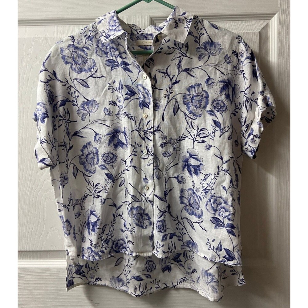 Cynthia Rowley Floral Linen Short Sleeve Blouse Womens XS Blue/White